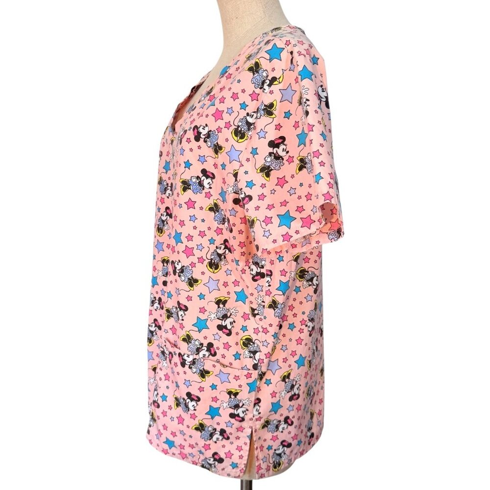 Disney Minnie Mouse Scrub Top Pink Stars V-Neck Medical Nursing Size L Cartoon - Picture 5 of 6
